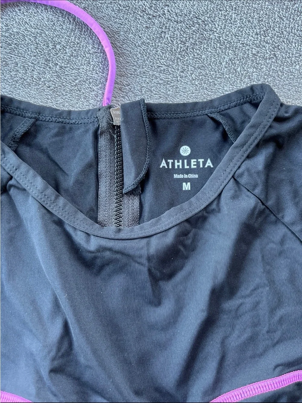 Athleta Ariel Black Long-Sleeve Swim rashguard with Purple Piping